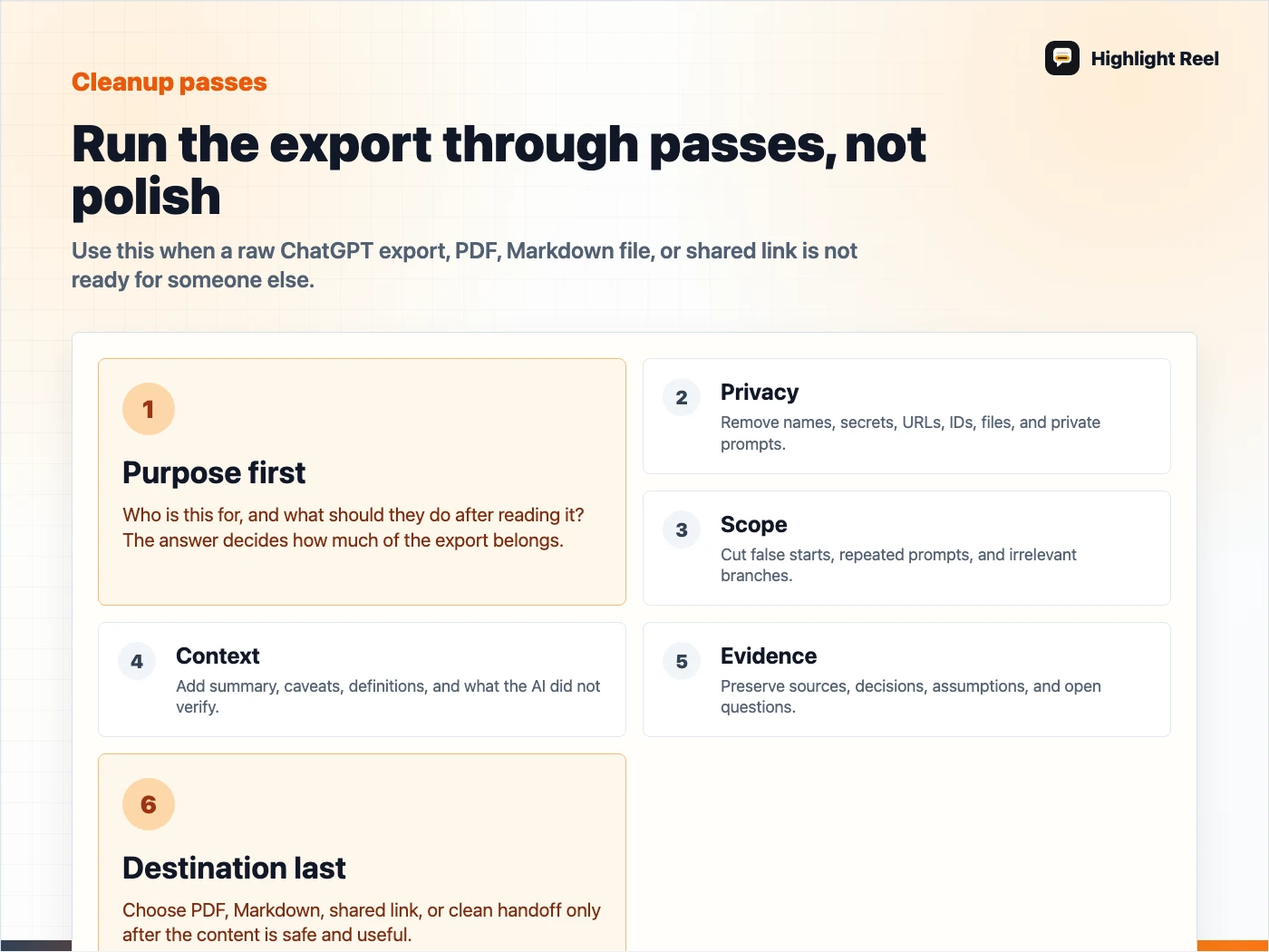 A five-pass checklist for cleaning ChatGPT exports before sharing them