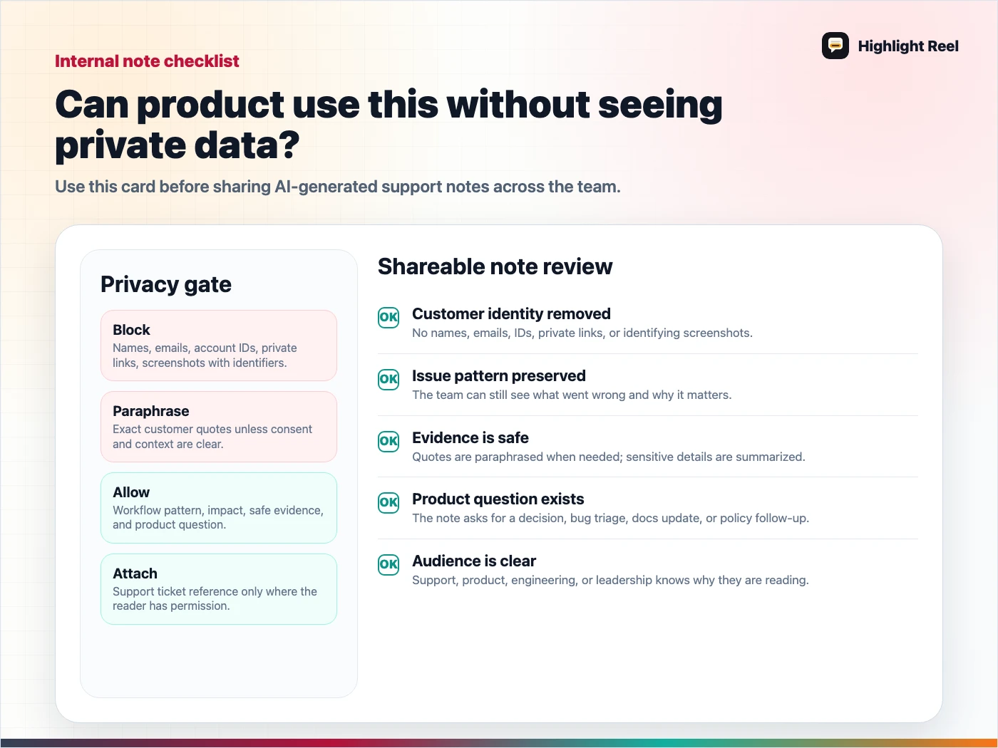 A checklist for sharing customer support AI drafts as safe internal notes