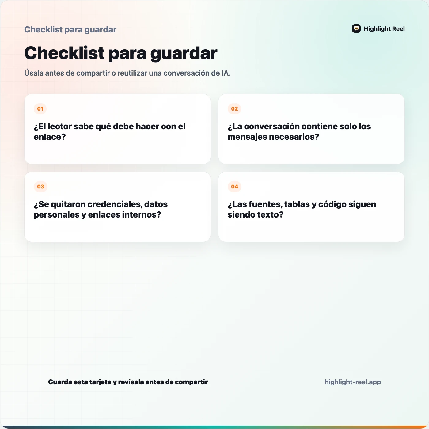 Checklist para guardar sobre Cómo compartir una conversación de ChatGPT sin capturas de pantalla