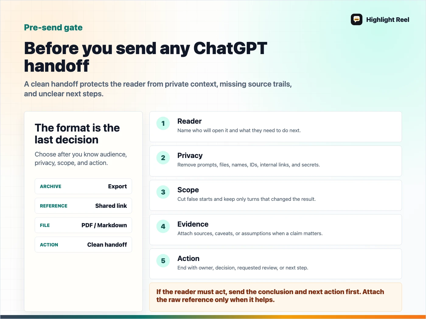 A pre-send checklist for cleaning a ChatGPT handoff before sharing it
