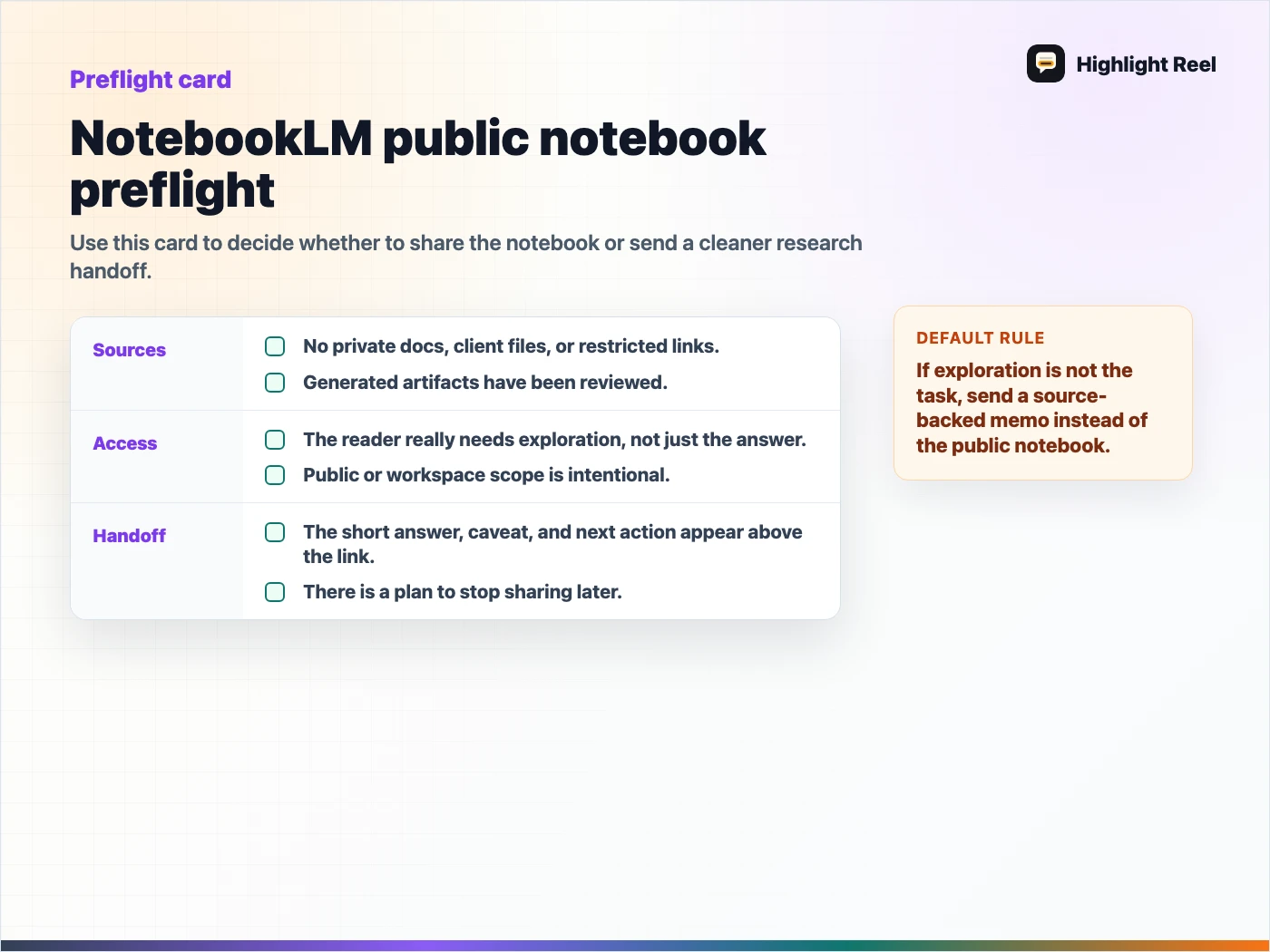 A NotebookLM public notebook preflight checklist for source review, reader need, artifact review, caveats, and disable plan