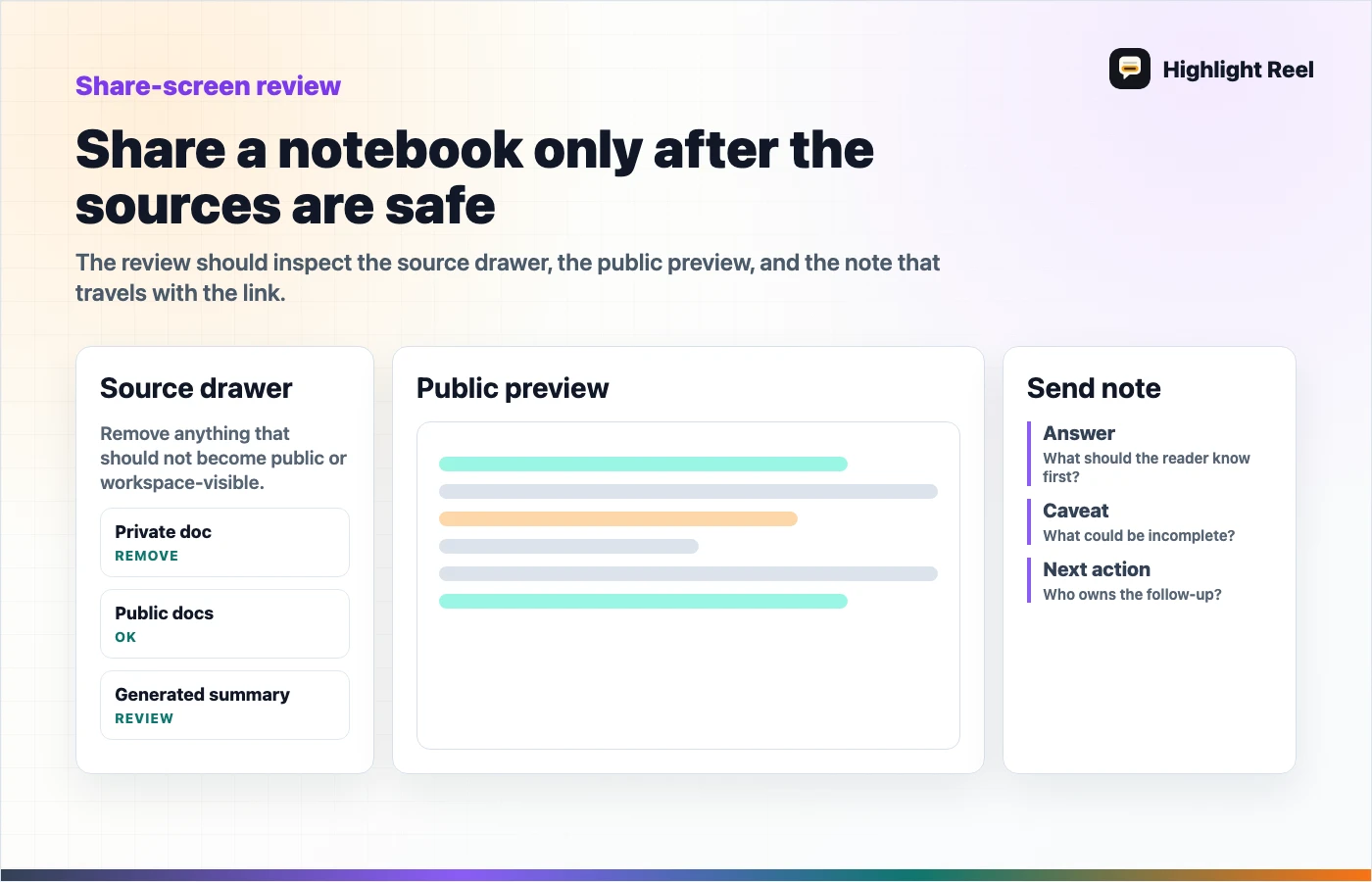 A review flow for sharing NotebookLM public notebooks safely with teammates