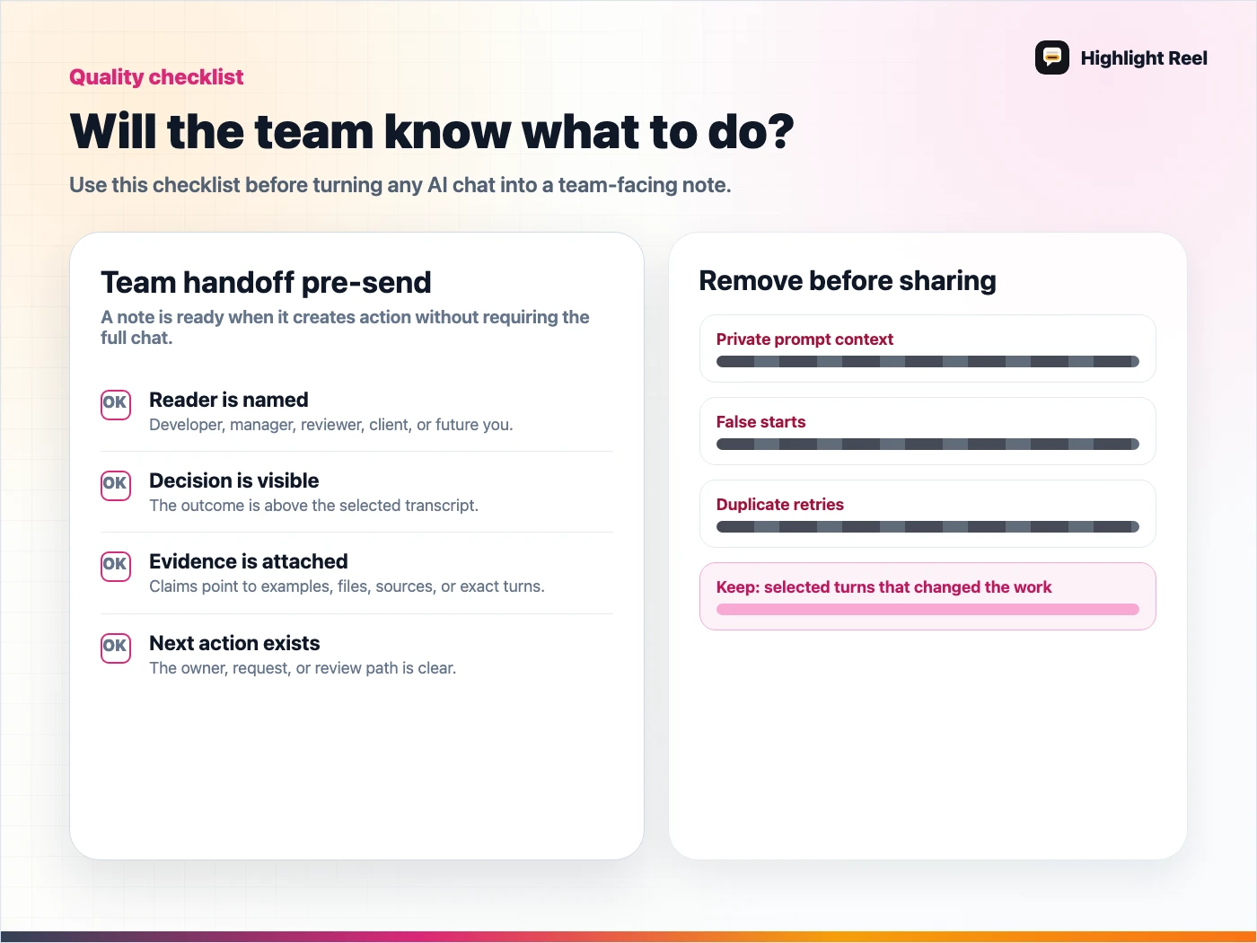 A quality checklist for turning raw ChatGPT threads into team handoffs