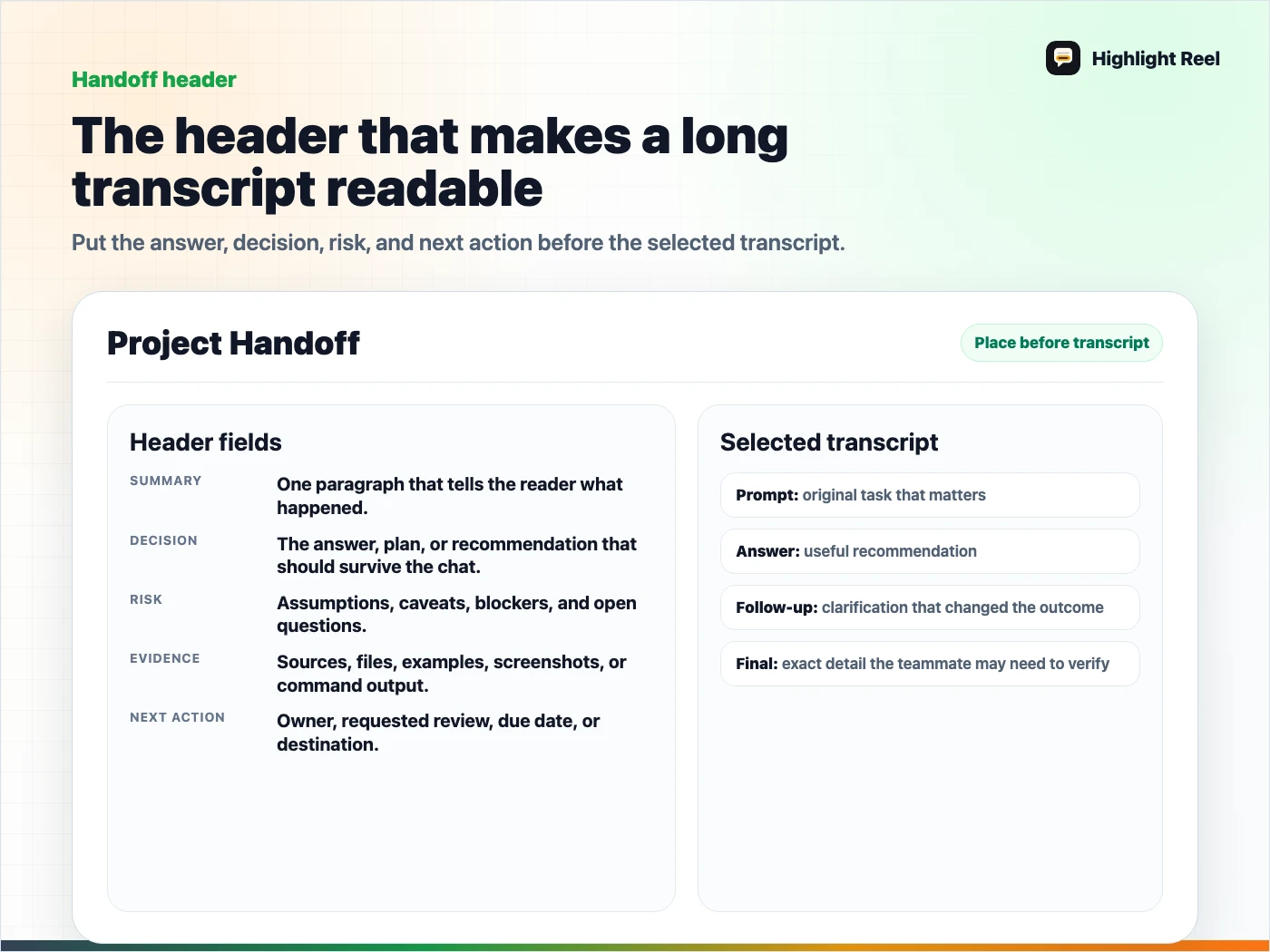 A project handoff header template for long ChatGPT transcripts