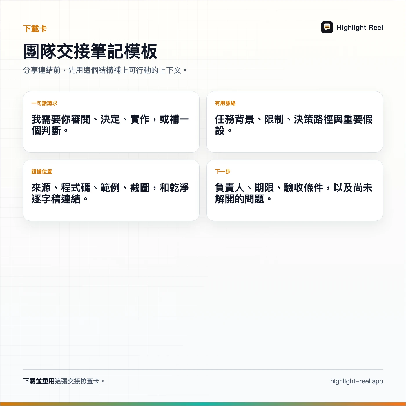 一張繁體中文 ChatGPT 工作交接筆記模板卡,包含一句話交接、原始任務、結果、脈絡、來源、風險與下一步