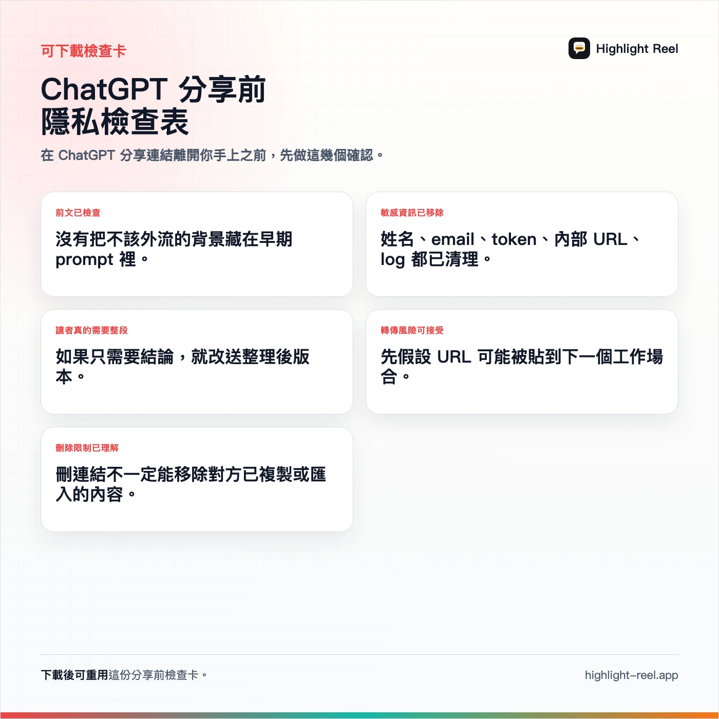 一張繁體中文 ChatGPT 分享前隱私檢查表,列出 prompt、個資、token、內部 URL、轉傳風險與整理格式