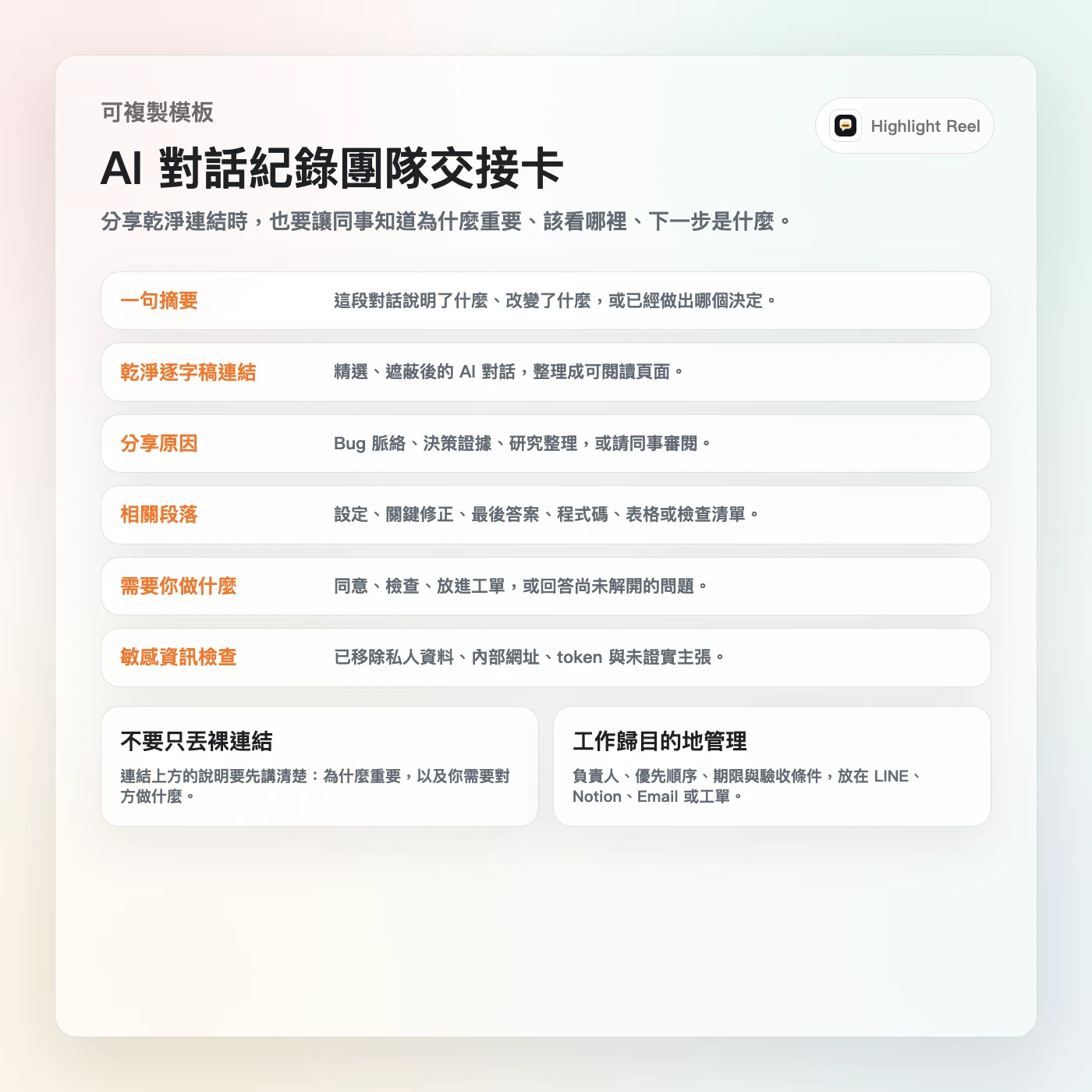一張繁體中文 AI 逐字稿團隊交接模板卡,包含摘要、相關段落、需求動作、負責人和敏感資訊檢查