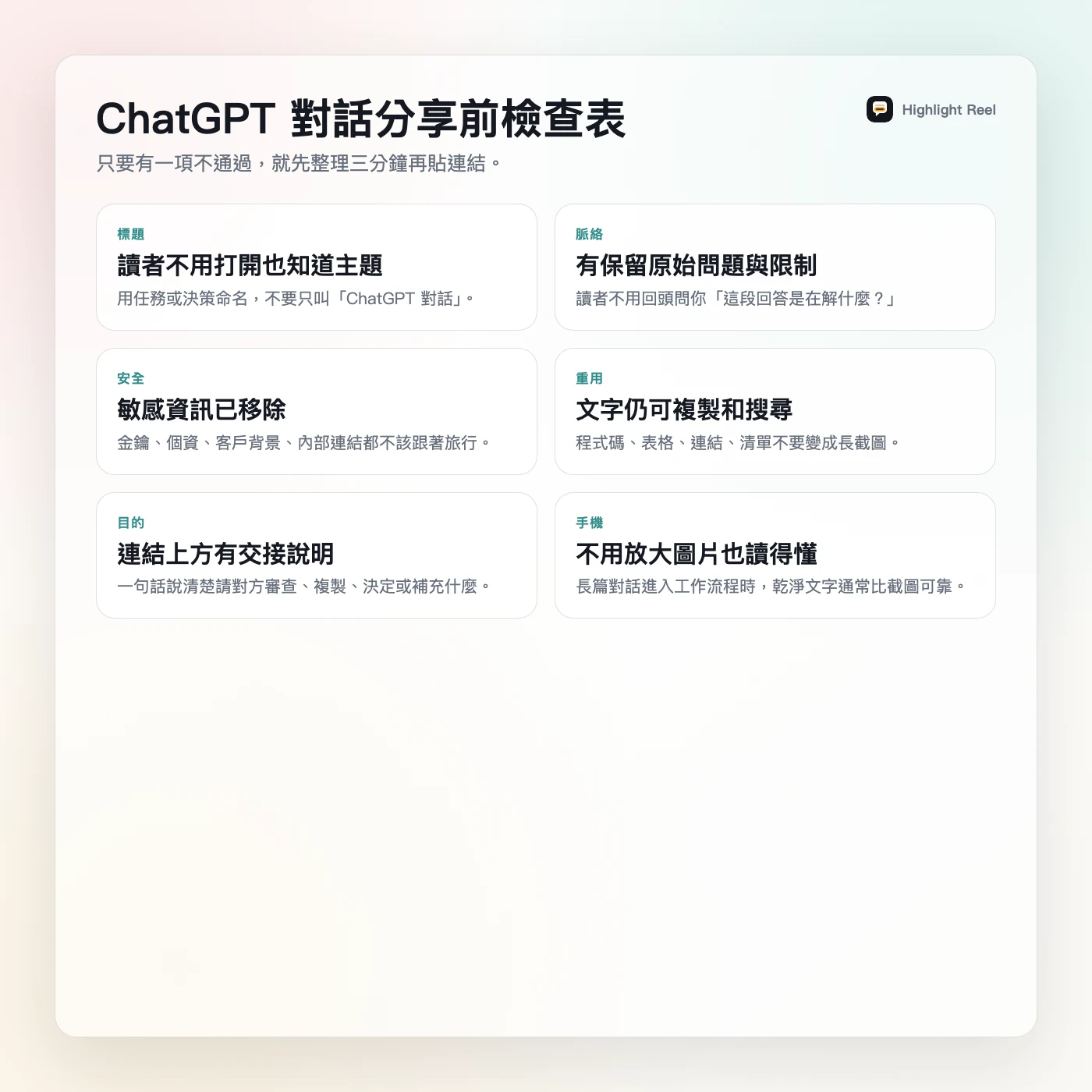 一張繁體中文 ChatGPT 對話分享檢查表,列出保留、刪除、改寫與送出前確認項目